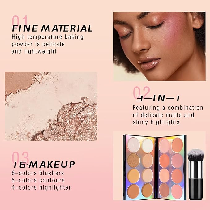 16 Colors Blush Contour Highlighter Makeup Palette, All-in-One Shimmer Silky Matte Mineral Blush Powder Palette, Face Sculpting Bronzer Blusher Illuminator Palette for a Natural Glowing-GlimoraGlow