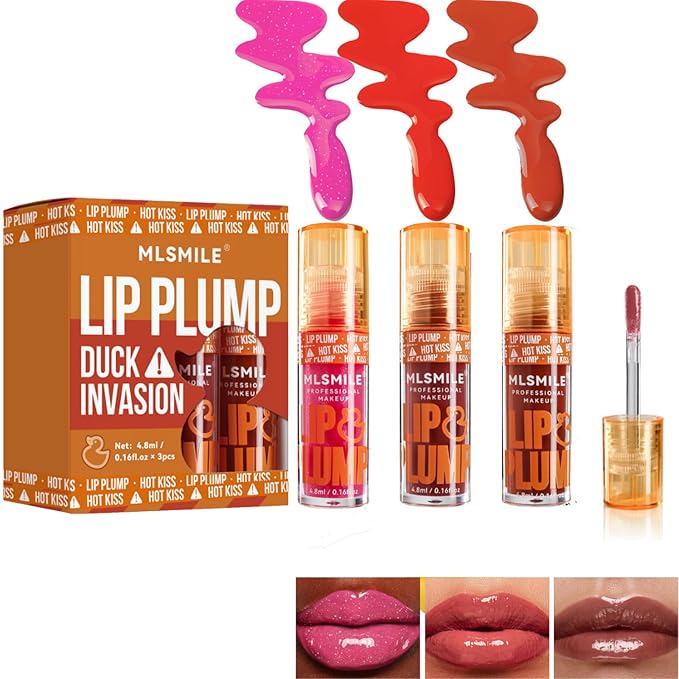 Hydrating Plumping Lip Oil Set, Natural Lip Gloss Plumper with Ginger, Transparent Moisturizing Lip Balm, Tinted Lip Plumper Gloss Make Lips Fuller, Vegan Lip Makeup (Set B, 3Pieces)-GlimoraGlow