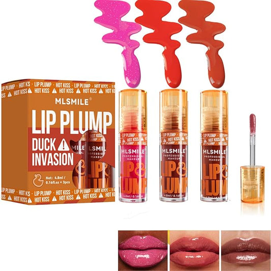 Hydrating Plumping Lip Oil Set, Natural Lip Gloss Plumper with Ginger, Transparent Moisturizing Lip Balm, Tinted Lip Plumper Gloss Make Lips Fuller, Vegan Lip Makeup (Set B, 3Pieces)-GlimoraGlow