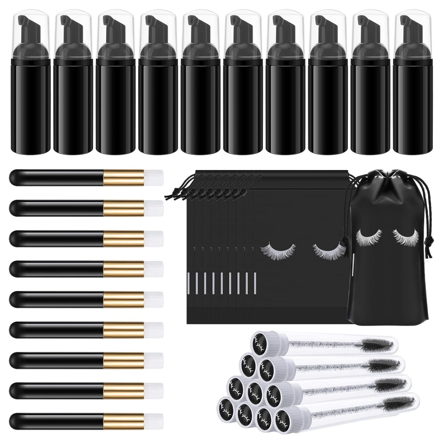 Homicozy 40 Pcs Lash Shampoo Bottle Brushes & Dispensers Set - 10 Pcs Lash Brushes, Tubes & Aftercare Bag for Clients, Women, Girls (Black)-GlimoraGlow