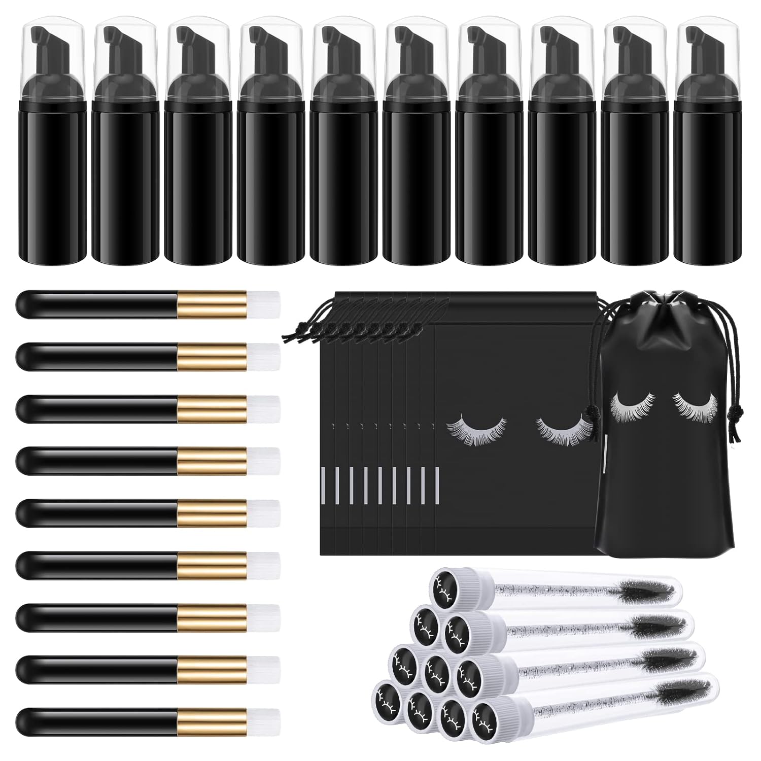 Homicozy 40 Pcs Lash Shampoo Bottle Brushes & Dispensers Set - 10 Pcs Lash Brushes, Tubes & Aftercare Bag for Clients, Women, Girls (Black)-GlimoraGlow