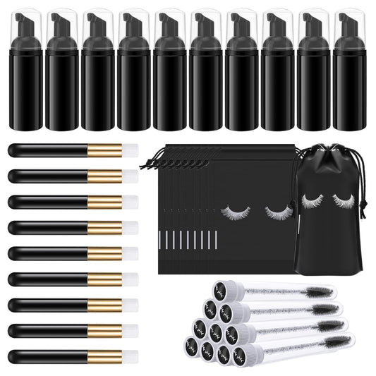 Homicozy 40 Pcs Lash Shampoo Bottle Brushes & Dispensers Set - 10 Pcs Lash Brushes, Tubes & Aftercare Bag for Clients, Women, Girls (Black)-GlimoraGlow