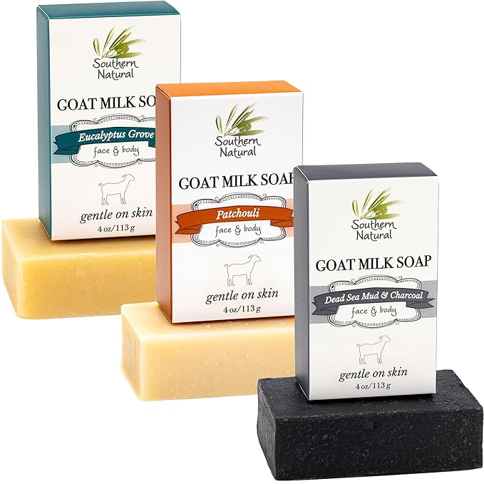 Southern Natural Goat Milk Soap Bar (Variety 3 Pack) Dead Sea Mud & Charcoal, Patchouli, Eucalyptus Grove - For Dry Sensitive Skin. Great For Face and Body.(Each Bar 4-4.5 oz)-GlimoraGlow