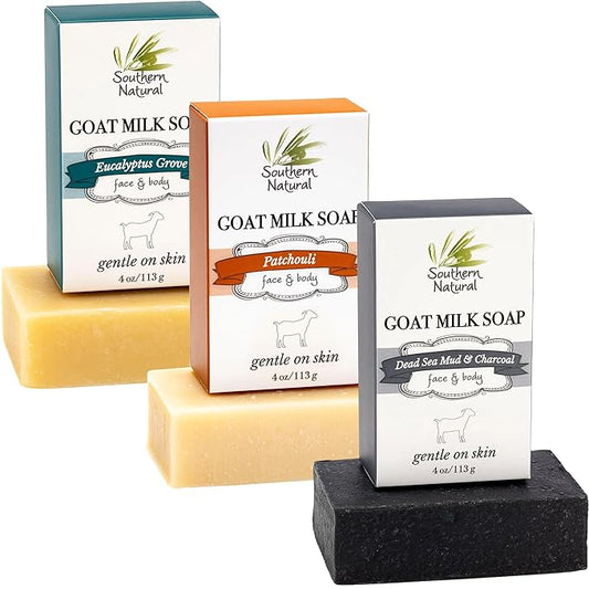 Southern Natural Goat Milk Soap Bar (Variety 3 Pack) Dead Sea Mud & Charcoal, Patchouli, Eucalyptus Grove - For Dry Sensitive Skin. Great For Face and Body.(Each Bar 4-4.5 oz)-GlimoraGlow