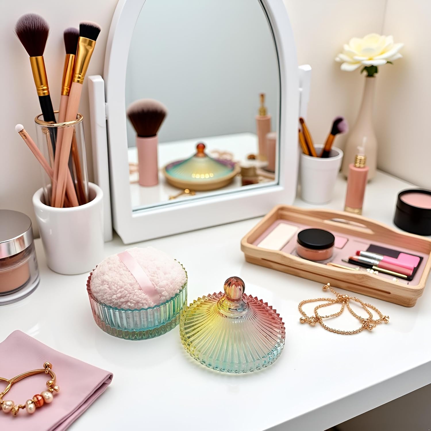 Extra Large Body Powder Puff and Container - Vintage Glass Dusting Powder Container with Soft Puff for Women & Girls (5.9x5.9x5.9 IN)-GRB010-Colorful-A-GlimoraGlow