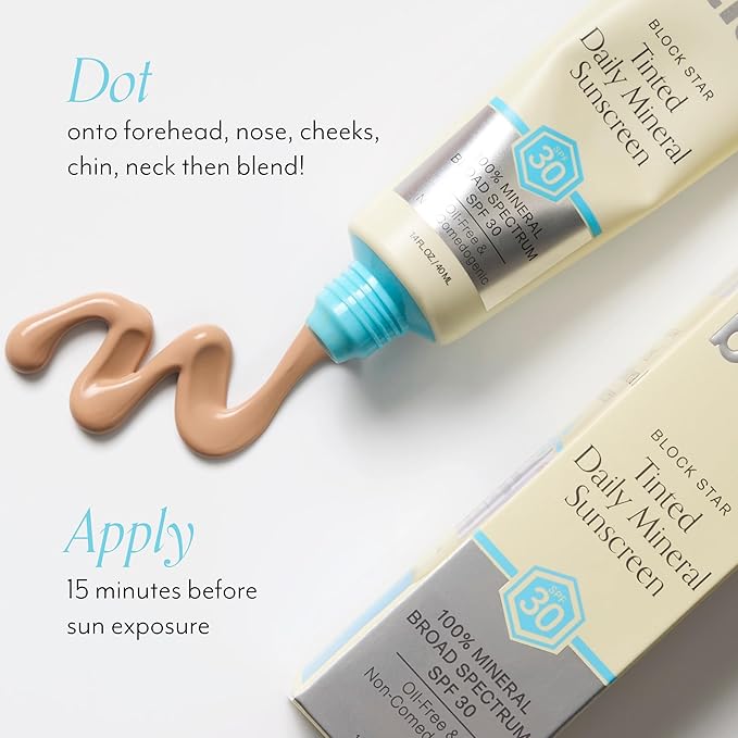 Bliss Block Star SPF 30 Daily Tinted Mineral Sunscreen with Zinc Oxide - All Skin Tones - 100% Mineral Broad Spectrum Sunscreen with Titanium Dioxide & Antioxidant Blend- 1.4 fl oz.-GlimoraGlow
