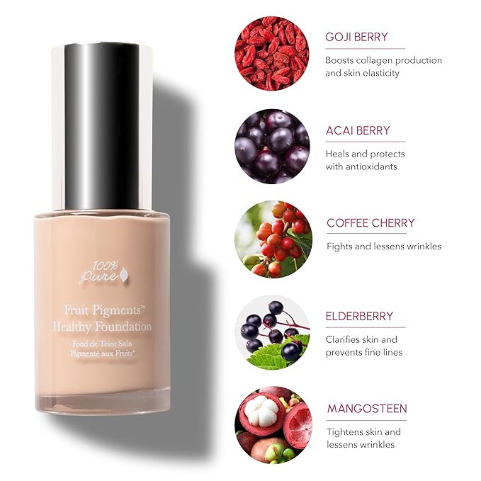 100% PURE Healthy Foundation Full Face Coverage Makeup, Liquid Matte Finish with Anti-Aging Benefits - Vegan Gorgeous Fruit Pigmented White Peach Color (Light with Warm Undertone) - 1 Fl Oz-GlimoraGlow