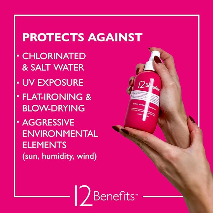 12 Benefits Leave-In Conditioner Spray – Instant Healthy Hair Treatment, Anti-Frizz, Detangles, Strengthens & Repairs, Heat Protection with Quaternium 39 & Silk Fibre Protein, 6 Fl Oz-GlimoraGlow