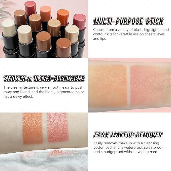 2 Pcs Cream Blush Stick Makeup Kit, Natural Shimmer & Matte Stick Blush Wand for Cheeks, Lightweight Blendable Silky Cream Blush Makeup -Matte Blush (#02 Soft Pink #03 Coral Orange)-GlimoraGlow