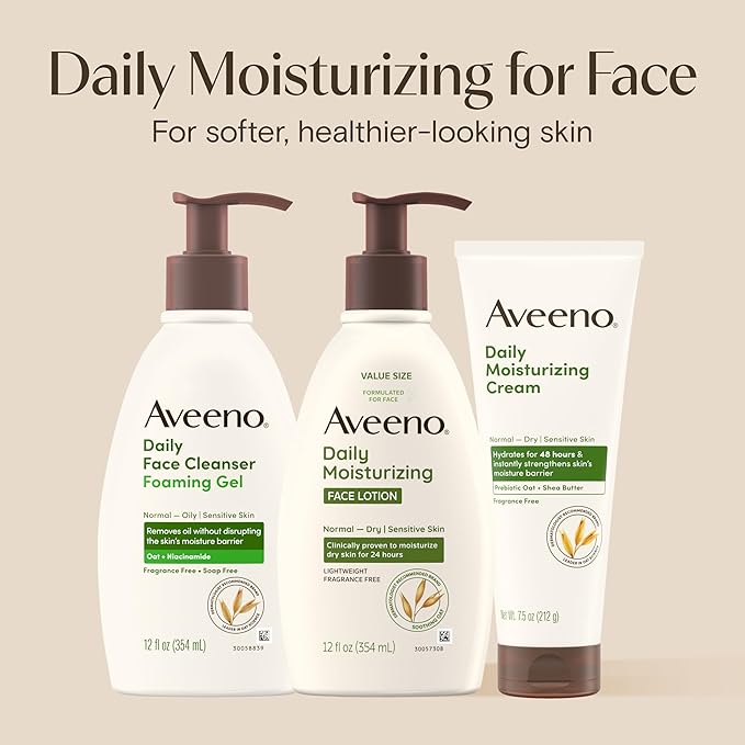 Aveeno Daily Moisturizing Face Lotion with Soothing Prebiotic Oat, Gentle Lotion Nourishes Normal to Dry Skin With Moisture, Sensitive Skin, Fragrance-Free, 12 fl. oz-GlimoraGlow
