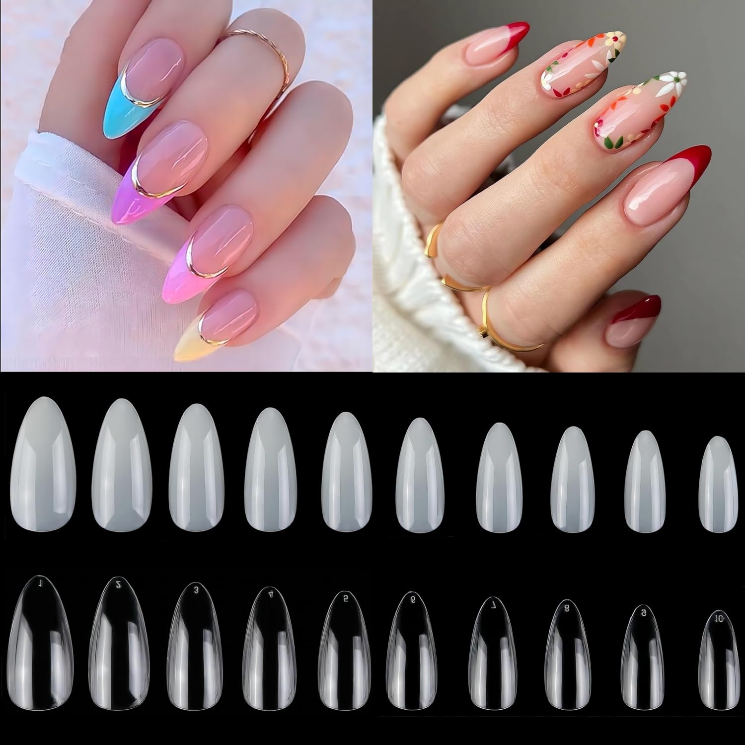 1000PCS Short Almond Nail Tips - Acrylic Nails Tips, ToouYoun 10 Sizes Soft Gel Full Cover Nail Tips with Box for Nail Art Salons and Home DIY-GlimoraGlow