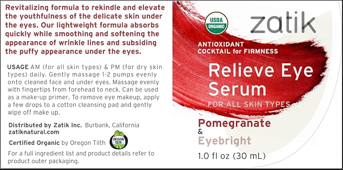 Zatik Naturals - Relieve Eye Serum with Pomegranate and Eyebright Antioxidant, USDA Certified Organic, Rekindle and Elevate Youthfulness Around Thin Areas of the Eyes, 1.0 fl oz, 30ml-GlimoraGlow