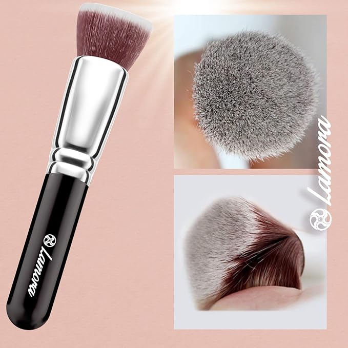 LAMORA Foundation Brush for Liquid Makeup - Kabuki Face Brush for Cream, Powder, Blush, and Concealer - Flat Top Blending, Buffing, Stippling Brush-GlimoraGlow
