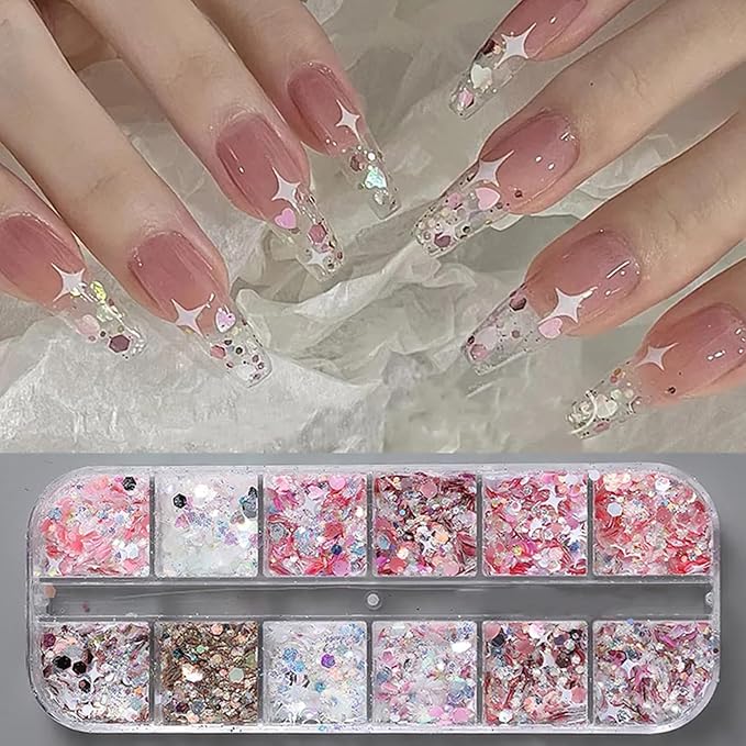 12 Grids Star Nail Art Glitter Sequins Heart Shaped Mermaid Nail Sequins Holographic Mermaid Nail Flakes Sticker Sequin Heart Nail Art Glitter for Women DIY Acrylic Nail Decoration-GlimoraGlow