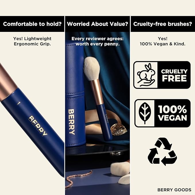 BERRY Blue Premium Makeup Brush Set – 12-Piece Professional Ultra-Soft Synthetic Brushes for Face & Eyes | Foundation, Powder, Blush, Concealer, Eyeshadow – Vegan, Cruelty-Free, Numbered, Travel Case-GlimoraGlow