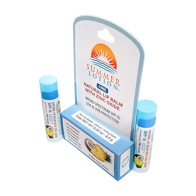 Natural Lip Balm with Zinc Oxide Sunblock by Summer Lotion, SPF 15 Lip Sunscreen 2-Pack, Water Resistant Chapstick, SPF Lip Protection for Everyone, (Pina Colada)-GlimoraGlow