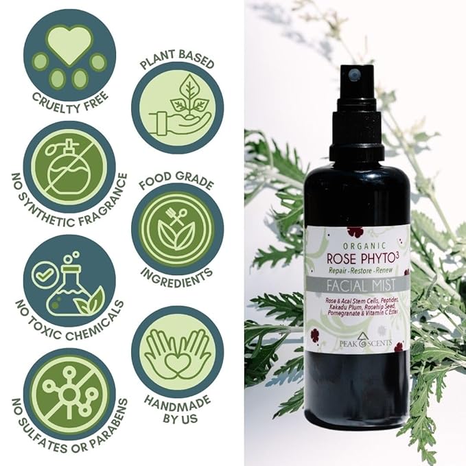 Organic & Vegan Rose Phyto³ Water Facial Spray - Moisturizing Face Mist & Setting Spray, Soothing, Hydrating Mist Rose Water For Face - Great for Facial Massaging (4 oz)-GlimoraGlow