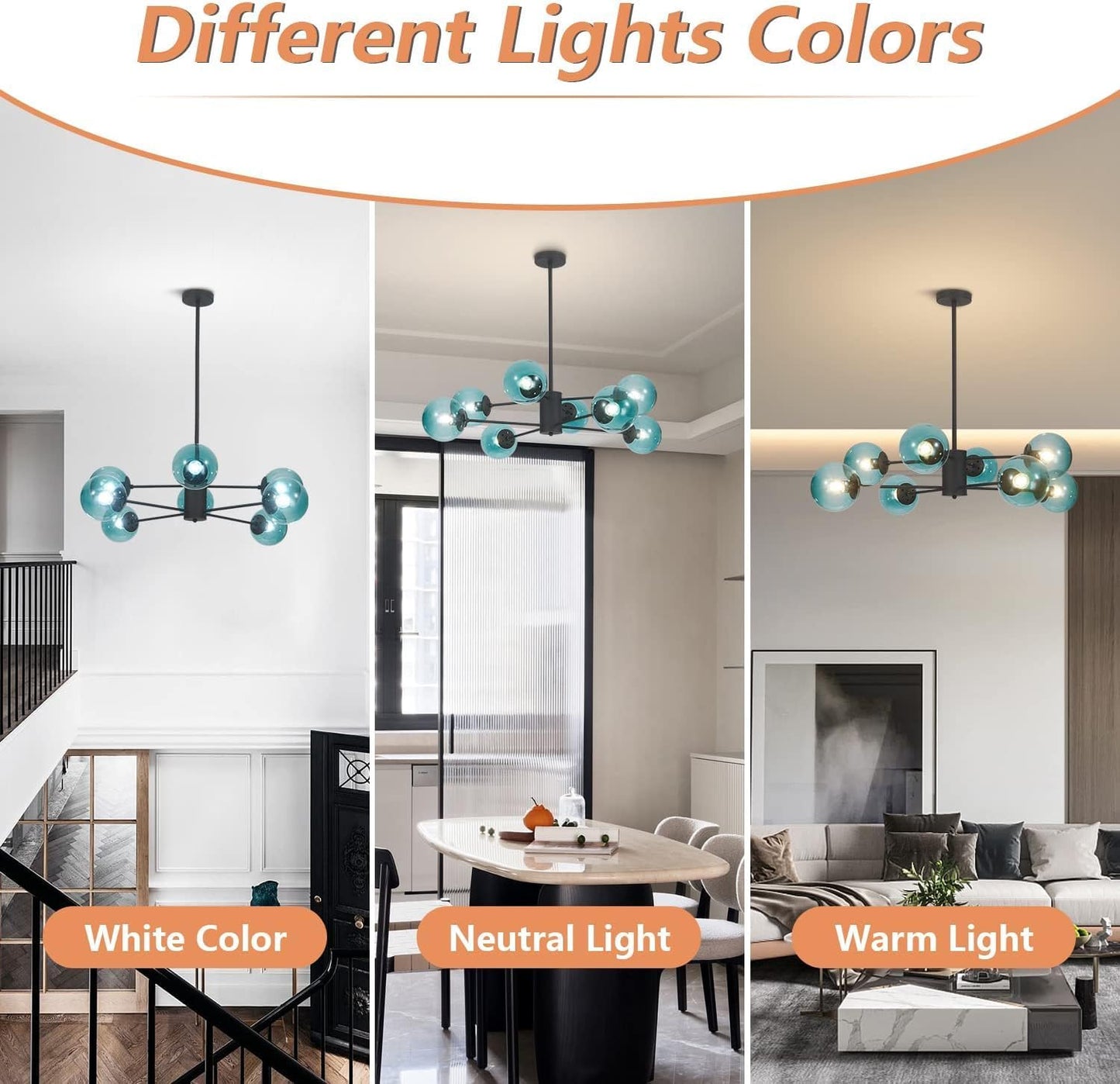 KCO Lighting Modern 8-Lights Blue Glass Sputnik Chandelier Mid-Century Matte Black Globe Flush Mount Chandelier Industrial Large Glass Ball Sputnik Chandelier Pendant Lamp (Black+Blue)