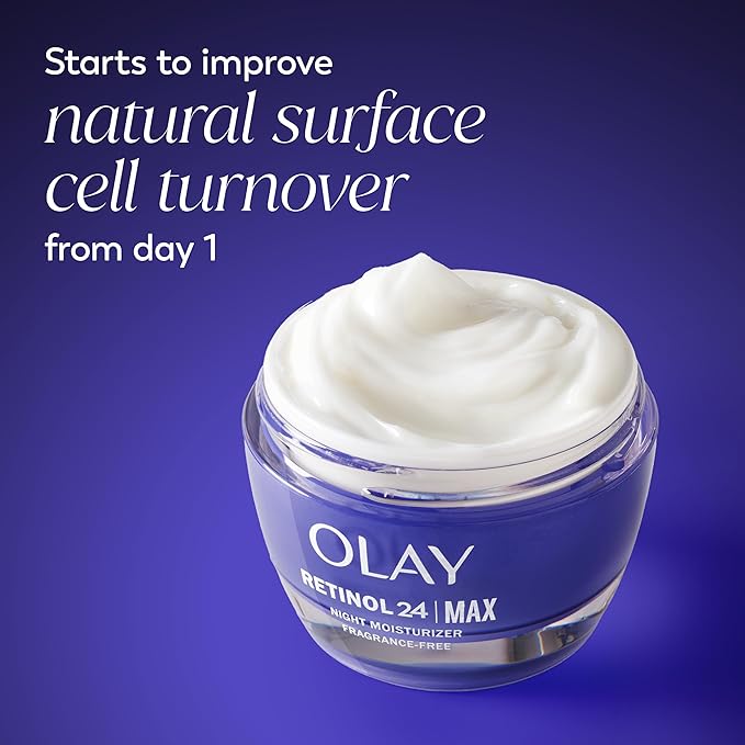 Olay Retinol Face Moisturizer, 24 MAX Anti-Aging Night Cream for Women, Fragrance-Free, Non Greasy - Anti-Wrinkle, Smooth Fine Lines, Tightening, Hydrating Skin Care - Peptides, Glycerin, 1.7 Oz-GlimoraGlow