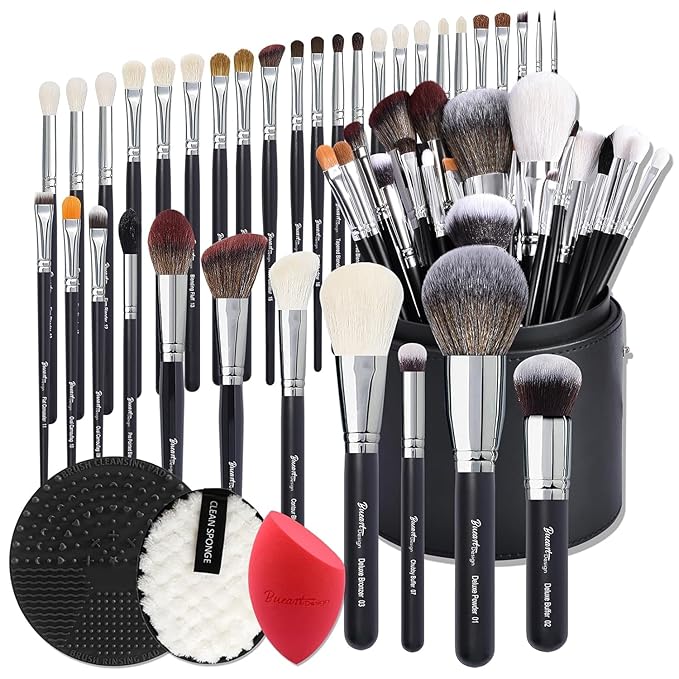 Bueart Design Pro makeup Artist 34Pcs Deluxe Real Goat Hair Horse hair Makeup Brushes Set with extra Large Holder High End Professional labeled makeup brush set with natural Pony Hair-GlimoraGlow