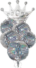 Holographic Mirror Disco Ball Set, 18-Inch Glass Tiles, Party Decoration with Silver Crown Balloon