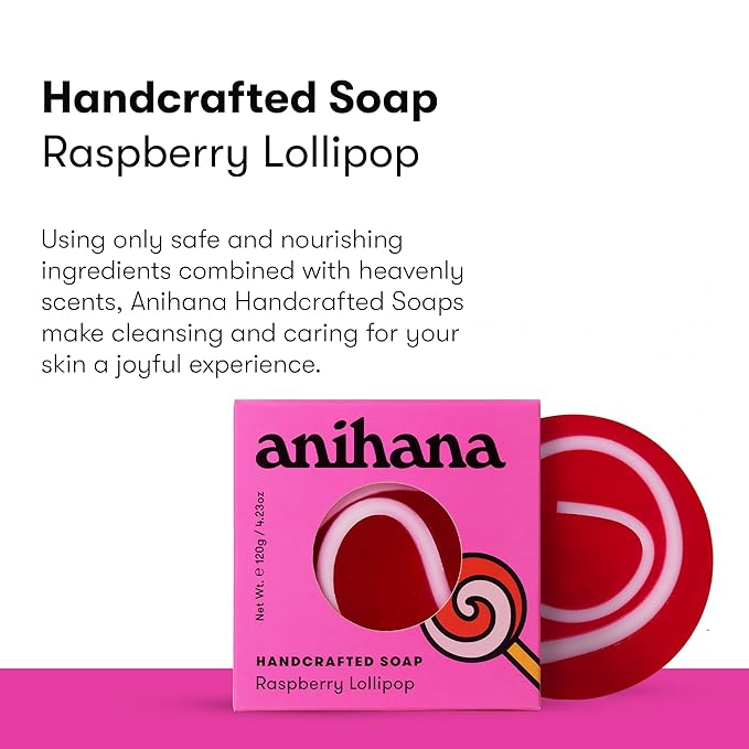 ANIHANA Handcrafted Natural Soap with Coconut Oil, Gentle Cleansing, Paraben Free, Refreshing Raspberry Lollipop Scent, 4.23 oz-GlimoraGlow