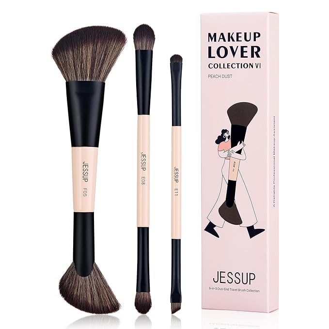 Jessup Travel Makeup Brushes Set 3pcs, Double Sided Contour Brush Dual Ended Eye Shadow Shader Eyeliner Brush, Multi-functional Makeup Set Peach Dust T507-GlimoraGlow