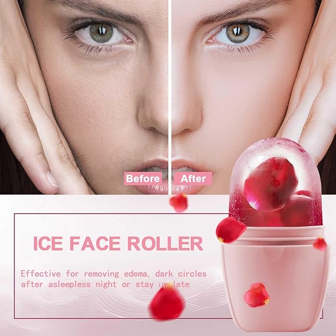 XHJRI Ice Face Roller Massager,Ice Cube Roller for Face, Eyes and Neck Naturally Conditioning and Skin Care,De-Puff Eye Bags,Reduce Migraine Pain,Reusable Massage Silicone Ice Mold (New Pink White)-GlimoraGlow