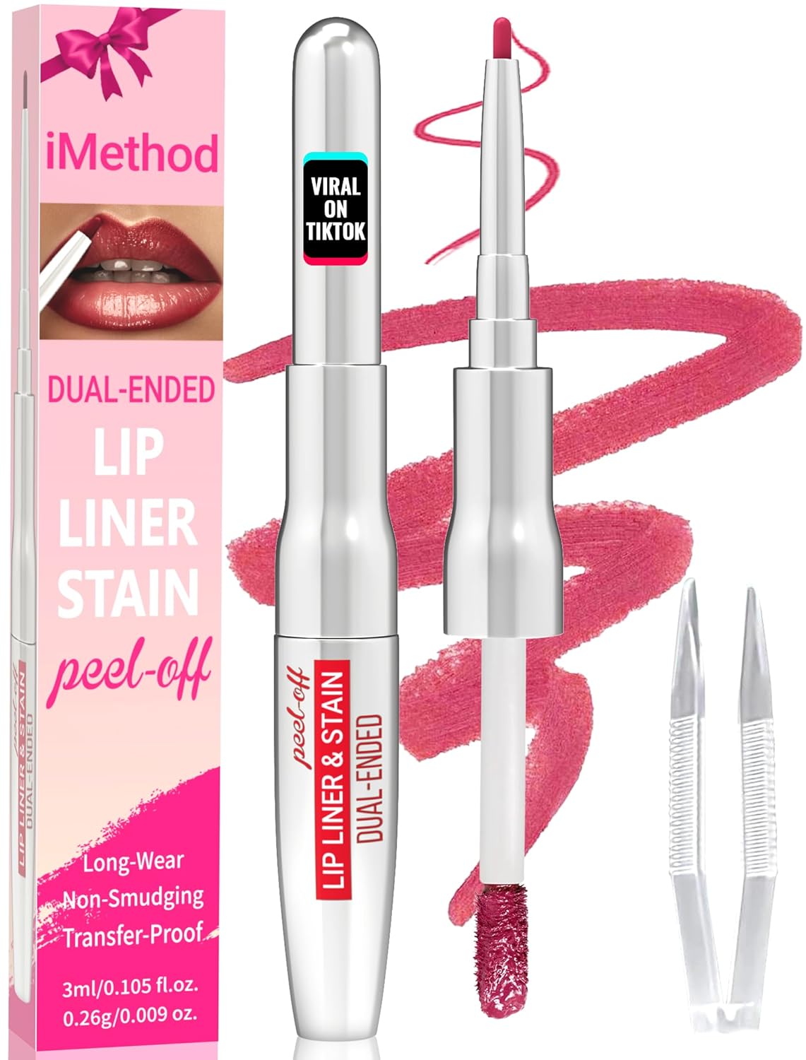 iMethod Lip Liner Stain - Lip Stain, 2-In-1 Dual-Ended Peel Off Lip Stain with Tweezer, Natural Long Lasting Peel Off Lip Liner, Easy to Use for All Skin Types, Stay All Day, Rose-GlimoraGlow