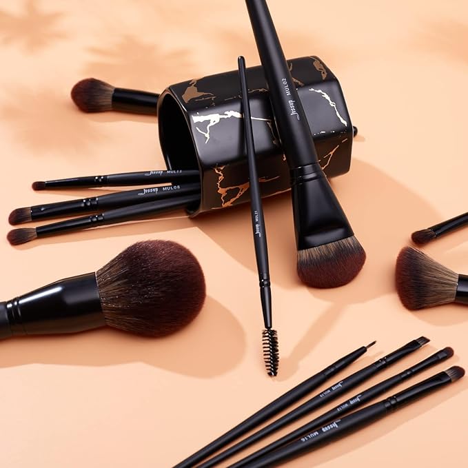 Jessup Full Makeup Brushes Set 13pcs, Professional Vegan Foundation Powder Contour Blush Highlight Eyeshadow Blending Concealer Spoolie EyeLiner Brush, Phantom Black T300-GlimoraGlow