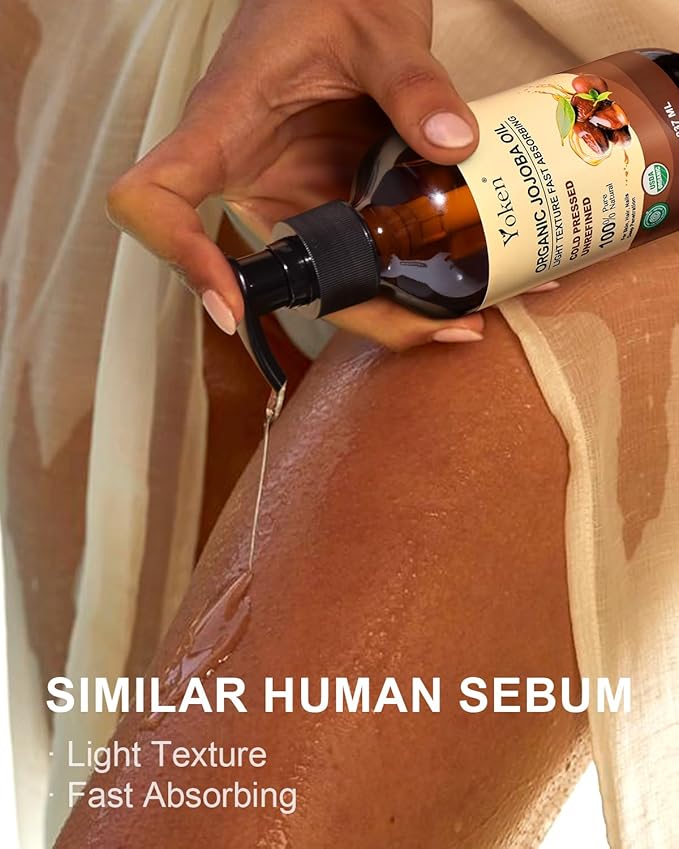 Yoken Organic Jojoba Oil Glass Bottle 8 fl oz, USDA Certified 100% Pure & Natural Jojoba Oil for Hair, Skin & Face, Cold Pressed Unrefined Hexane Free, Deeply Moisturizing Body Serum Oils for Gua Sha-GlimoraGlow