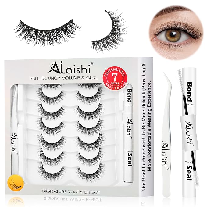 Wispy False Eyelashes Kit With Bond, Seal and Tweezer, 7 Pairs Natural Look Fake Cat Eye Lashes Strips Thin Band Extensions Waterproof Easy Eyelashes for Beginners RQ01-GlimoraGlow