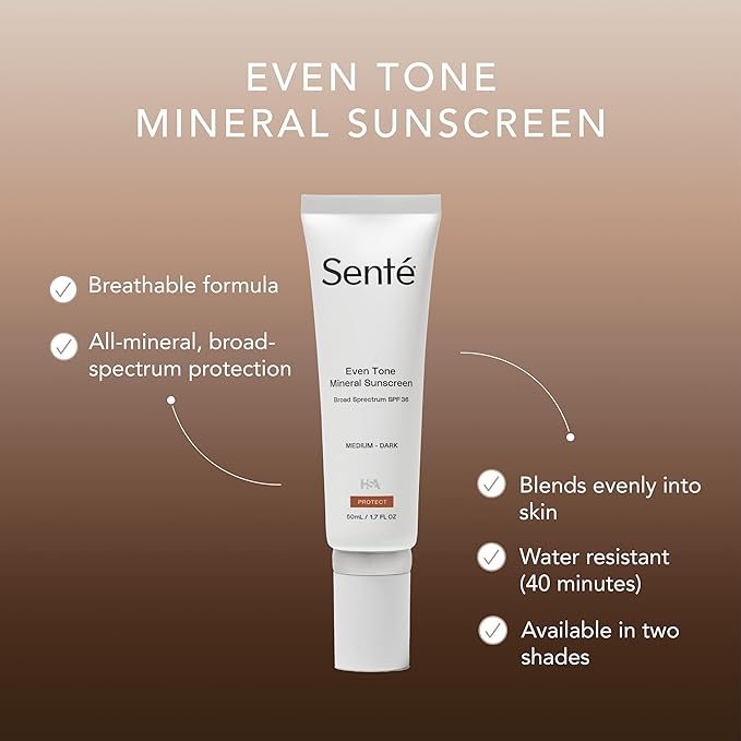 Senté Even Tone Mineral Sunscreen Tinted | SPF 36 Medium-Dark | Hydrating, Lightweight Sun Protection Treatment for Redness & Discoloration | UVA/UVB & Blue Light Defense | 1.7 oz-GlimoraGlow