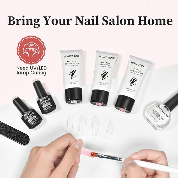 JEWHITENY Poly Nail Gel Set Clear Pink White Neutral Classic Color Poly Extension Gel With Base and Top Coat Slip Solution French Manicure for Home DIY Need U V Lamp Curing-GlimoraGlow