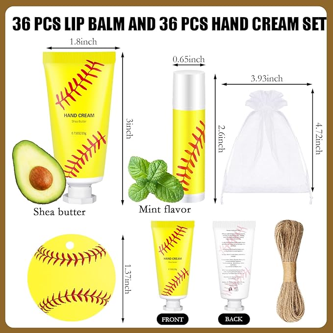 144 Pcs Softball Lip Balm Hand Cream Set Softball Accessories Softball Party Favors Including 36 Softball Lip Balm 36 Moisturizing Hand Cream 36 Bags 36 Softball Cards and Ropes for Kids Gifts-GlimoraGlow