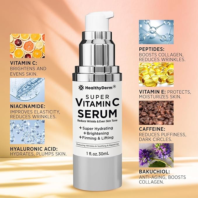 Super Vitamin C Serum for Women Over 70: Niacinamide, Vitamin C, Hyaluronic Acid, Peptides, Vitamin E, Caffeine, Bakuchiol, Hydrating, Lifting, Wrinkle & Age Spots Reduction Pack of 3-GlimoraGlow