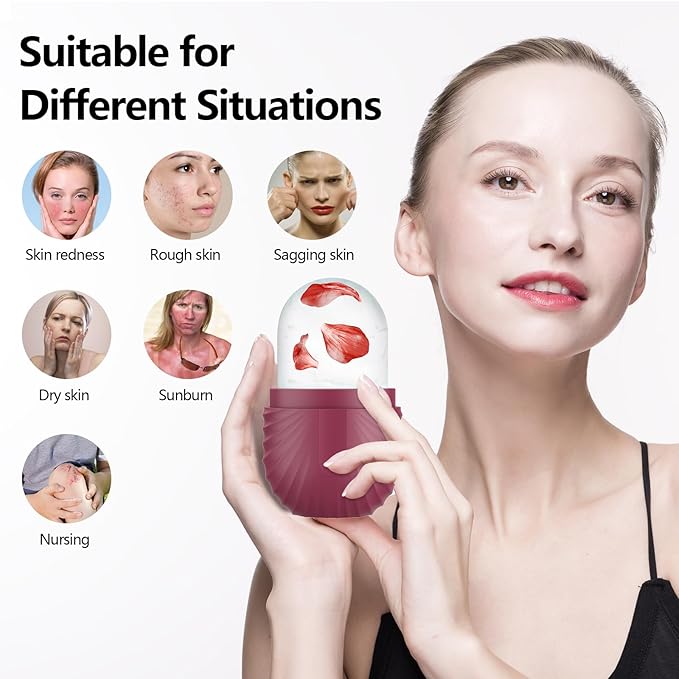 Ice Roller for Face and Eye, Silicone Ice Facial Roller Ice Holder, Face Ice Mold Skin Care, Face Icers Reusable Ice Cube Roller for Shrink Pores Anti Wrinkle Reduce Puffiness, Rose-GlimoraGlow