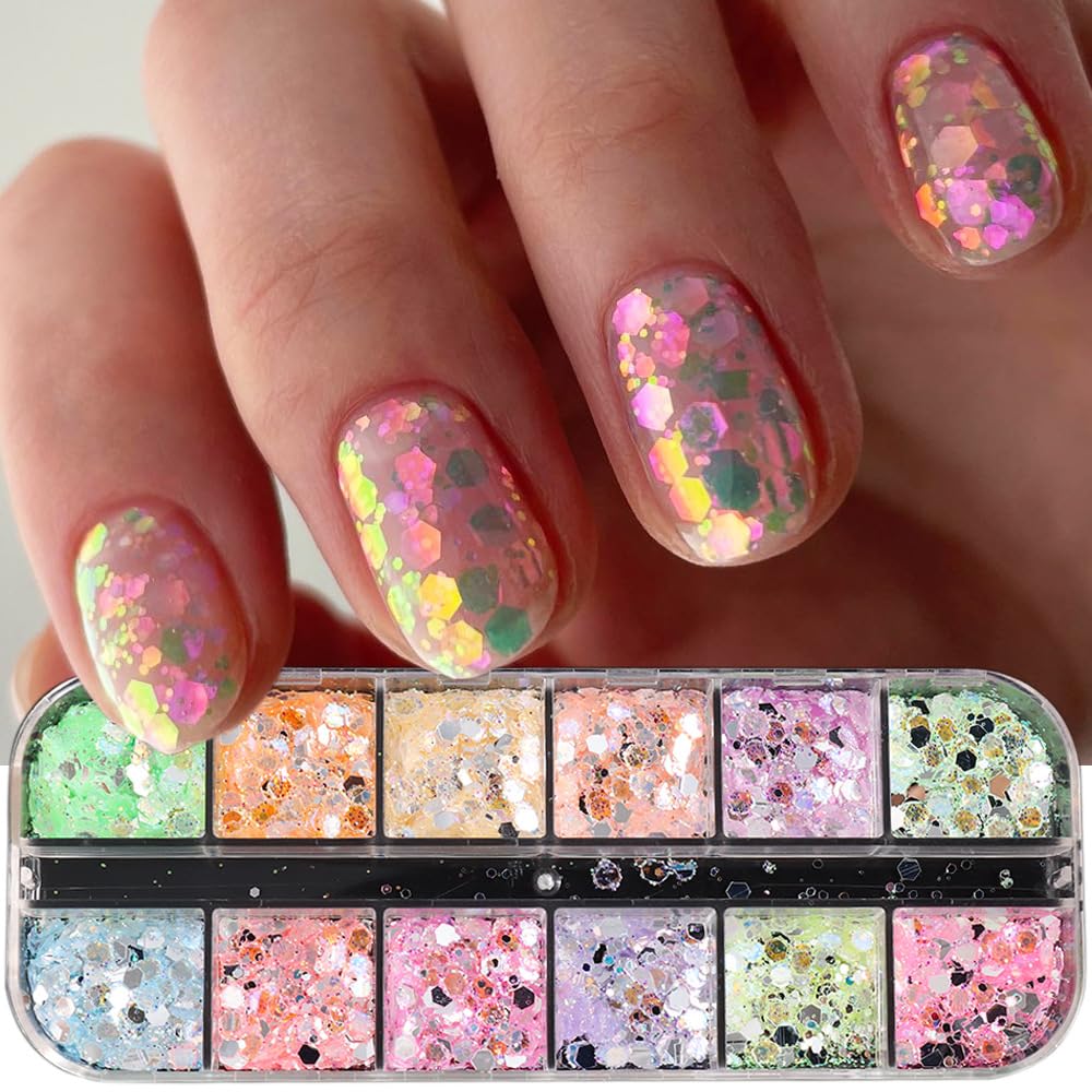 12 Grids Colorful Mermaid Nail Sequin Holographic Nail Art Glitter,Iridescent Nail Art Flake Glitter Decals Glass Paper Design Nail Accessories Acrylic Nails for Women Make Up DIY Nail Decoration-GlimoraGlow