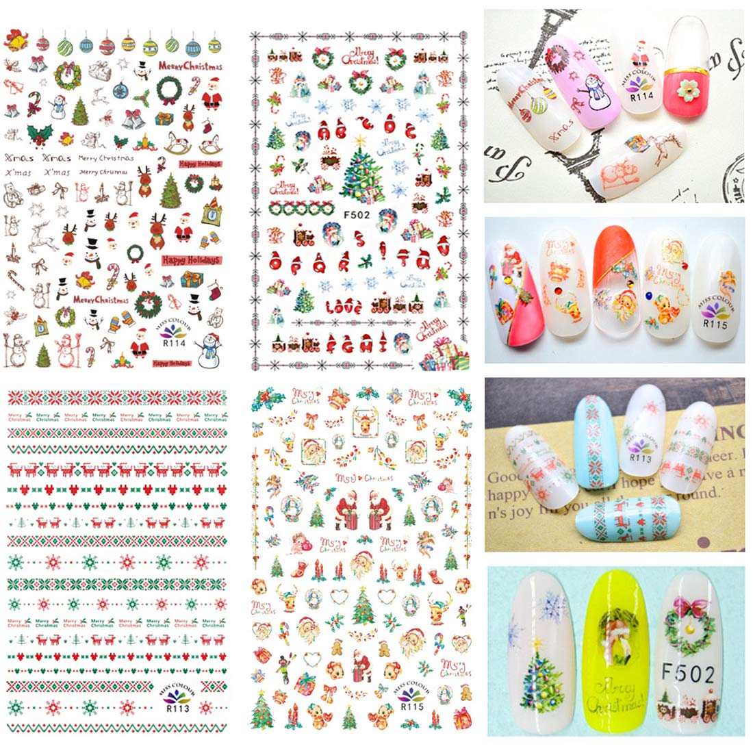 1000 Patterns Christmas nail art sticker decals, Kalolary Self-Adhesive Nail Stickers Santa Claus Snowflake Snowman Christmas Bell Tree Stick Elk for Christams Nail Decoration Gift(12 Sheets)-GlimoraGlow