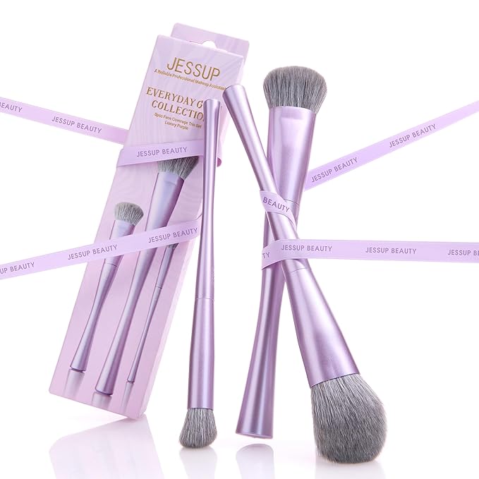 Jessup Face Makeup Brush Set 3 pcs, Ultra-Soft Dense Makeup Brushes for Foundation Contour Powder and Blush, Premium Synthetic Fiber, Luxury Purple T513-GlimoraGlow