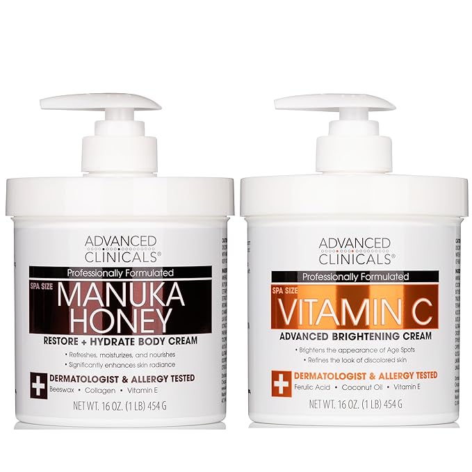 Advanced Clinicals Vitamin C Brightening Cream + Manuka Honey Body Lotion & Face Moisturizer 2pc Skincare Set For Women & Men | Body Butter Creams Help Reduce Appearance Of Dark Spots & Dry Skin, 2pc-GlimoraGlow