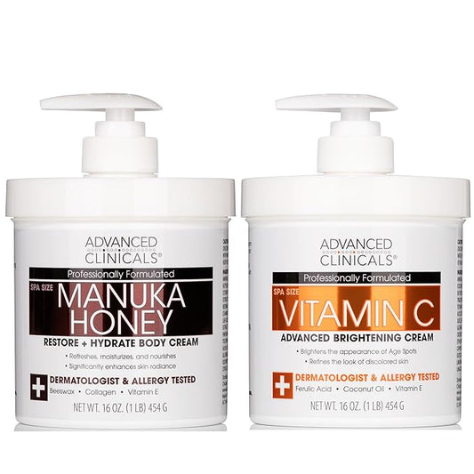 Advanced Clinicals Vitamin C Brightening Cream + Manuka Honey Body Lotion & Face Moisturizer 2pc Skincare Set For Women & Men | Body Butter Creams Help Reduce Appearance Of Dark Spots & Dry Skin, 2pc-GlimoraGlow