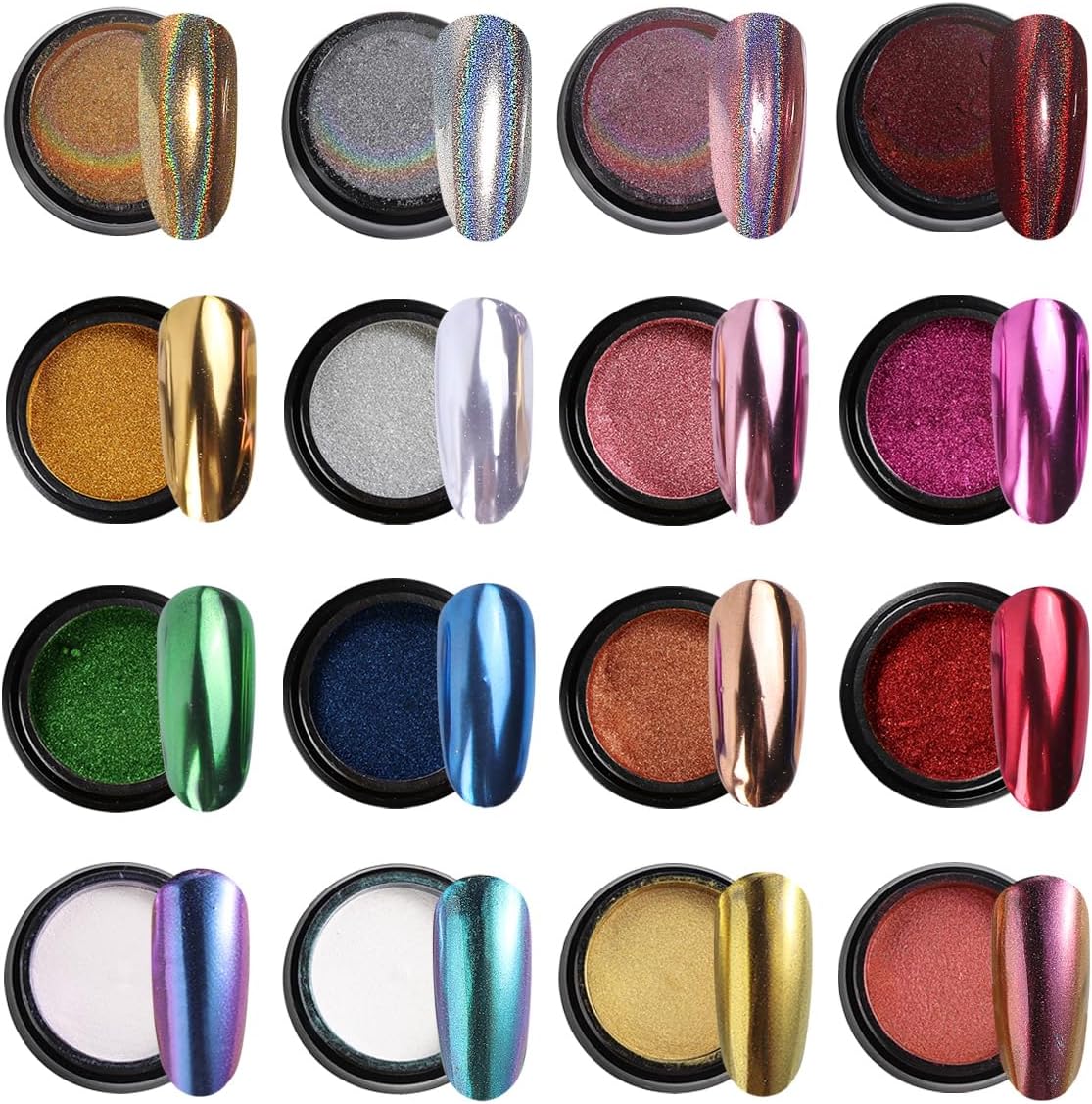 16 Colors Chrome Nail Powder Set, Metallic Mirror Effect Holographic Aurora Chameleon Pigment Glitter for Gel Polish Manicure Nail Art Decorations-GlimoraGlow