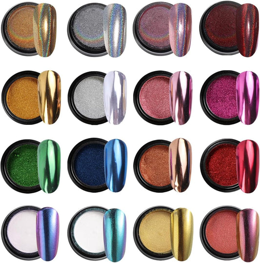 16 Colors Chrome Nail Powder Set, Metallic Mirror Effect Holographic Aurora Chameleon Pigment Glitter for Gel Polish Manicure Nail Art Decorations-GlimoraGlow