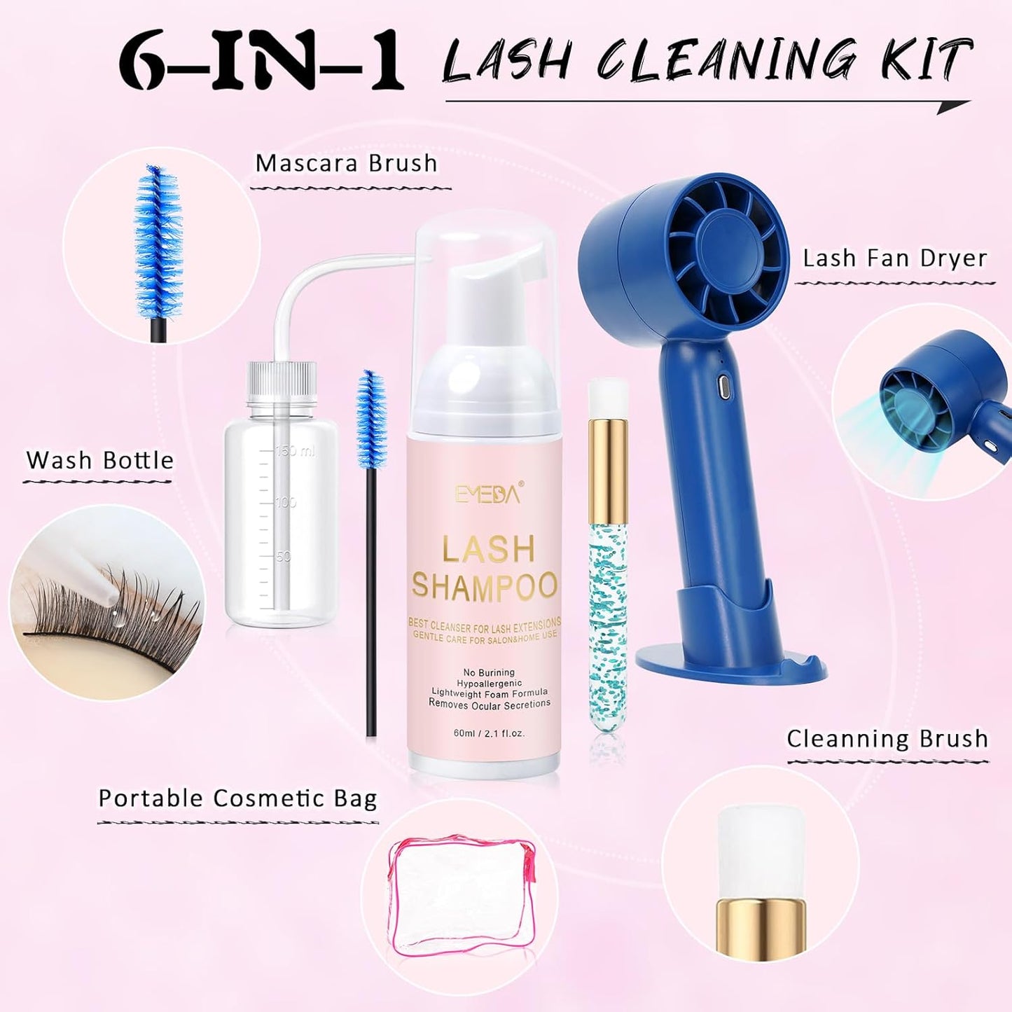 EMEDA Lash Shampoo Kit 2.02 fl oz Lash Cleaning Kit with Rechargeable Fan Dryer/Brush/Rinse Bottle, Oil-free Cleanser Wash for Extensions & Clusters & Natural Lashes, Cleaner for Eyelash Care(Blue)-GlimoraGlow