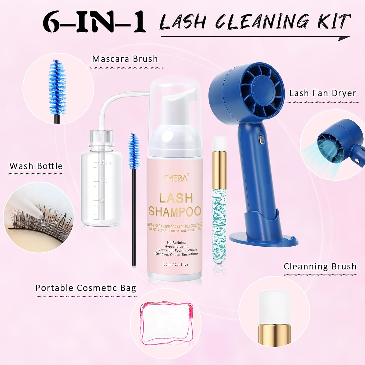 EMEDA Lash Shampoo Kit 2.02 fl oz Lash Cleaning Kit with Rechargeable Fan Dryer/Brush/Rinse Bottle, Oil-free Cleanser Wash for Extensions & Clusters & Natural Lashes, Cleaner for Eyelash Care(Blue)-GlimoraGlow