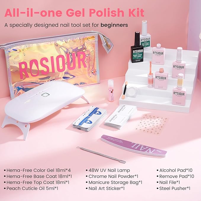 Jelly Gel Nail Polish Kit with U V Light, Hema-Free Milky Jelly White Pink Nude Orange Gel Polish Set with Base & Top Coat Chrome Nail Powder, 4 Colors Mini Salon Nail Art Starter Gift for Women Girl-GlimoraGlow