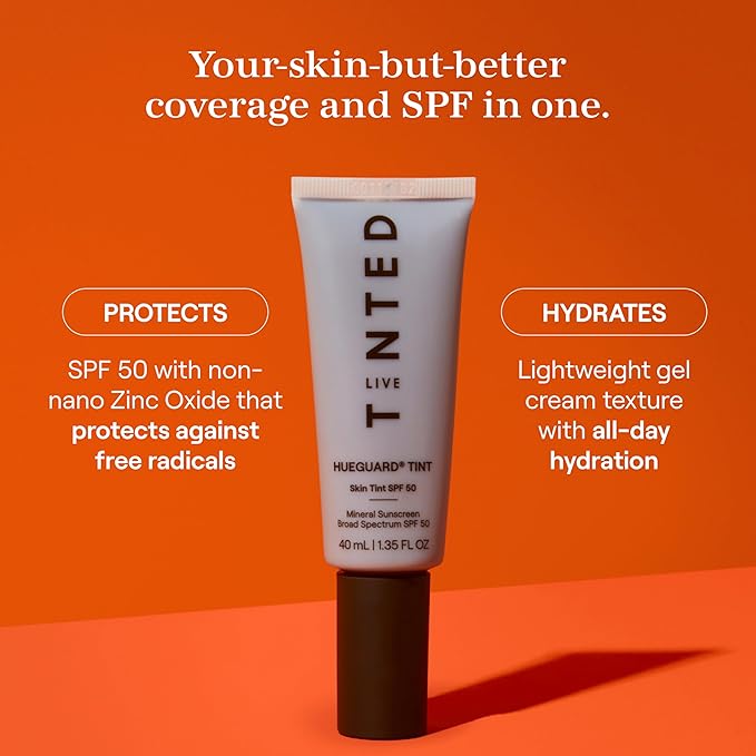 Live Tinted Hueguard Skin Tint SPF 50 - Tinted Mineral Sunscreen with Light-Medium Buildable Coverage With a Hydrating and Radiant Finish - Water and Sweat Resistant, 1.35 fl oz - Shade 03-GlimoraGlow