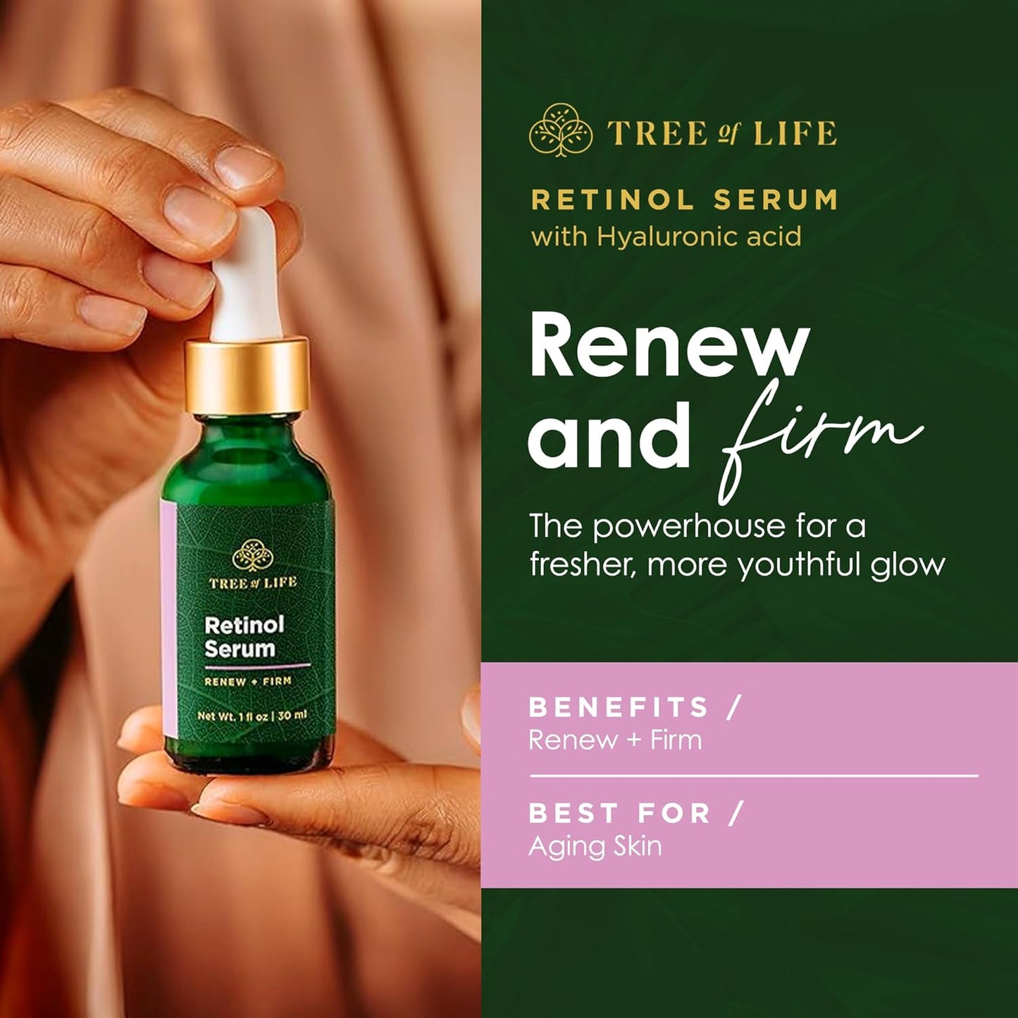 Tree of Life Beauty Retinol Serum, Skin Smoothing Face Oil for Dark and Age Spots and Fine Lines, Facial Serums for Dry and Sensitive Skin Care with Hyaluronic Acid for Soft Smooth Skin, 2 Fl Oz-GlimoraGlow