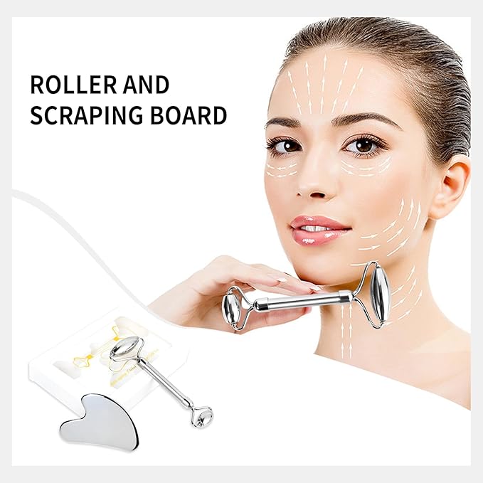 ONLYSKY BEAUTY Face Roller Gua-Sha Set Facial Roller kit for Face Skincare, Stainless-Steel Stone Sculpting Tool, Massager Roller for Skin Care,Gift for Men and Women-GlimoraGlow